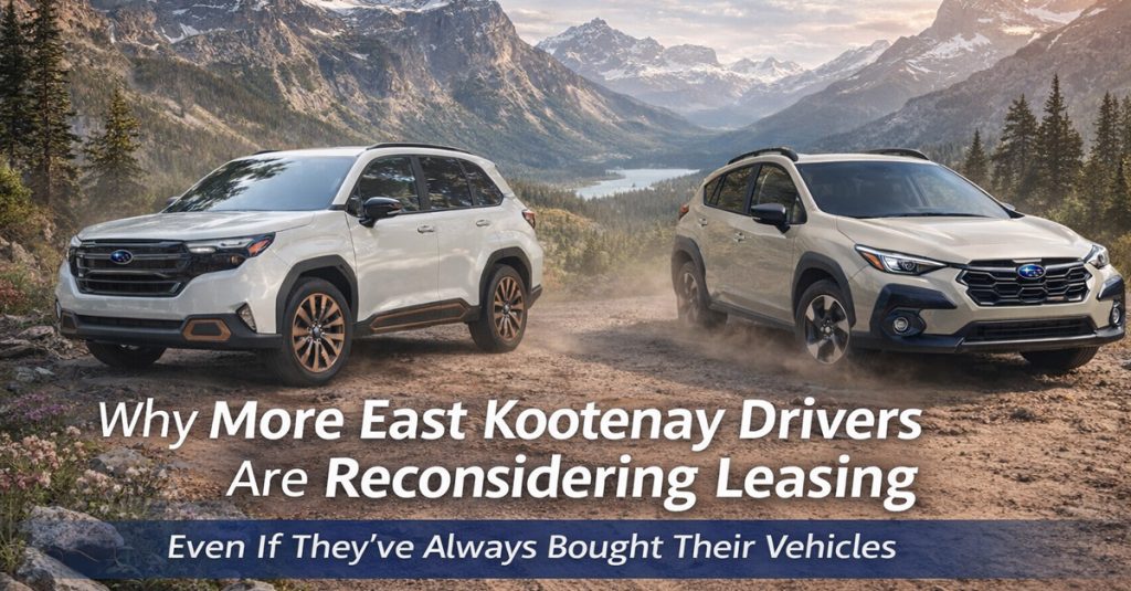 Subaru SUV driving on an East Kootenay mountain highway illustrating leasing versus financing considerations